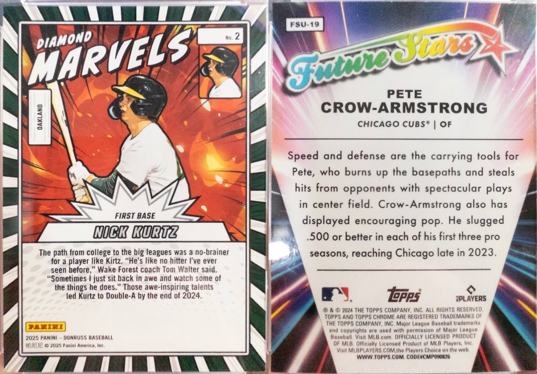 The cards themselves: the Diamond Marvels Kurtz and the Future Stars Crow-Armstrong back